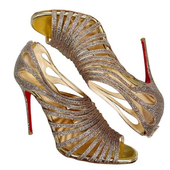 CHRISTIAN LOUBOUTIN Gold Glitter Multi Tibrida Strappy Heeled Sandals - Picture 6 of 14
